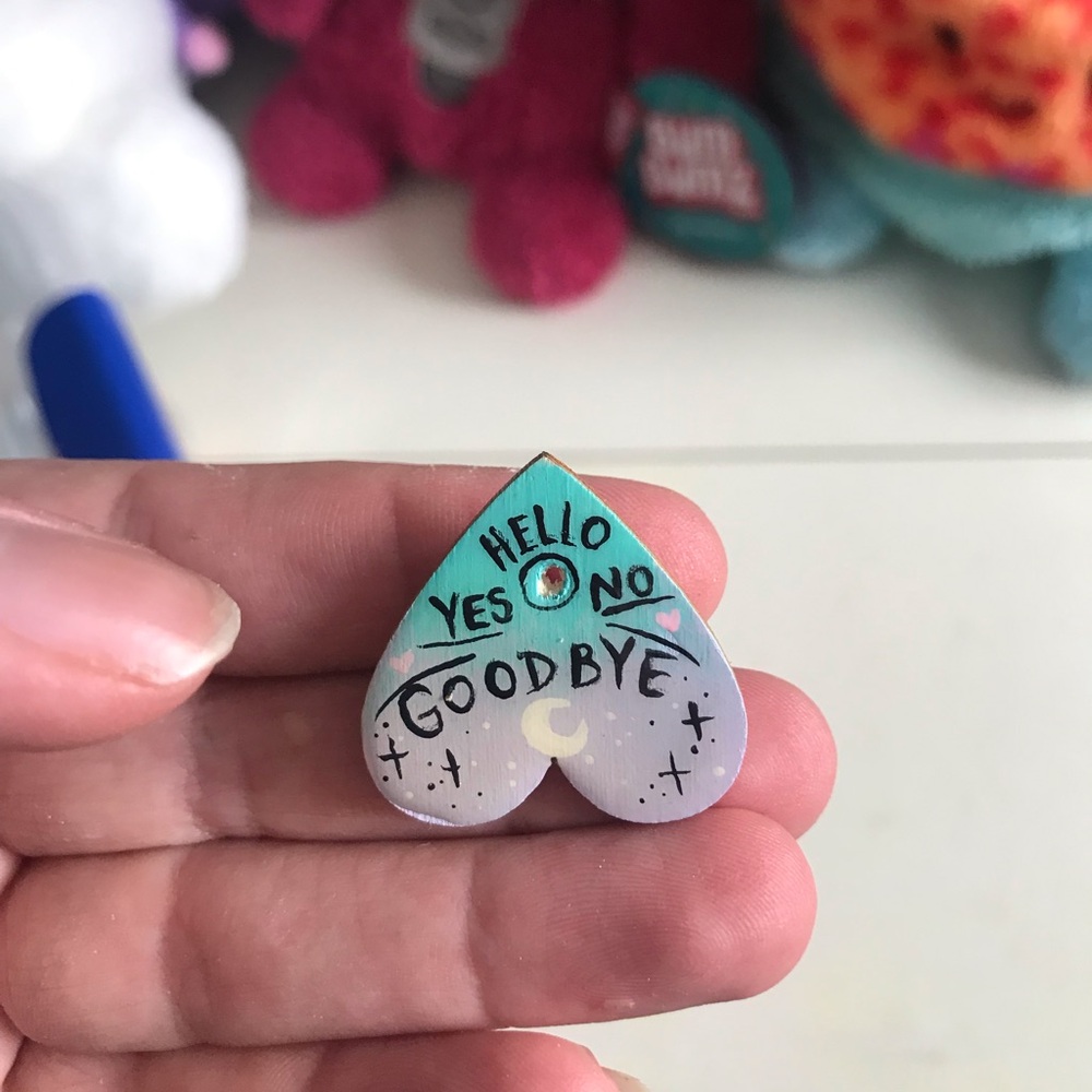 Hello Yes No Goodbye Heart Planchette Pin - Teal and Lavender